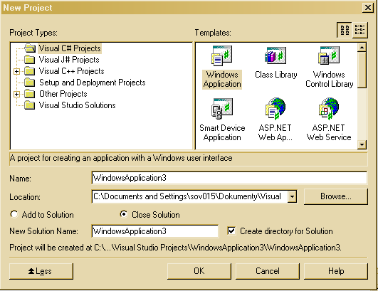 Nová aplikace typu Windows Application